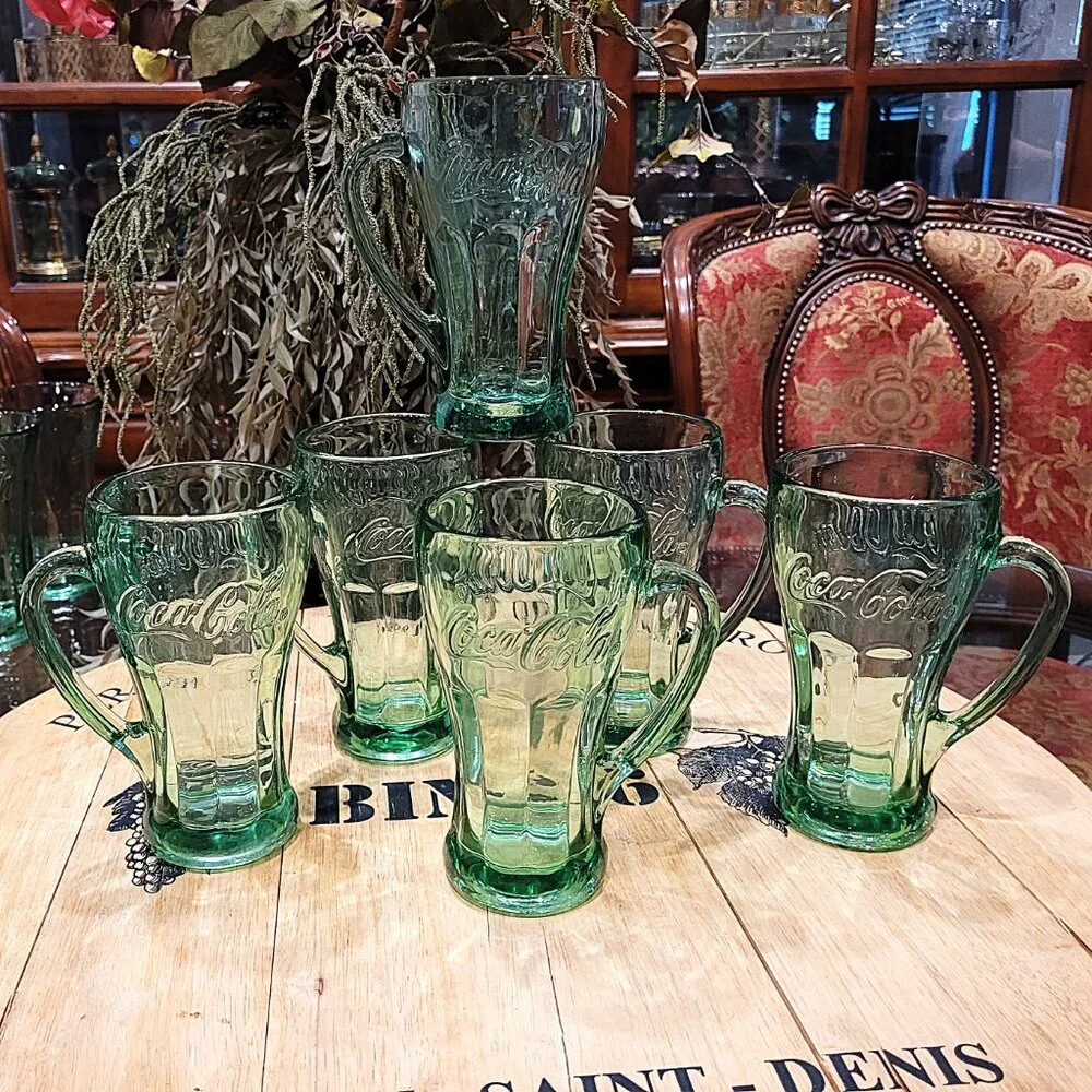 Set of 6 Vintage Libbey Green Glass Coca-Cola Coke Mug with Handle 14oz